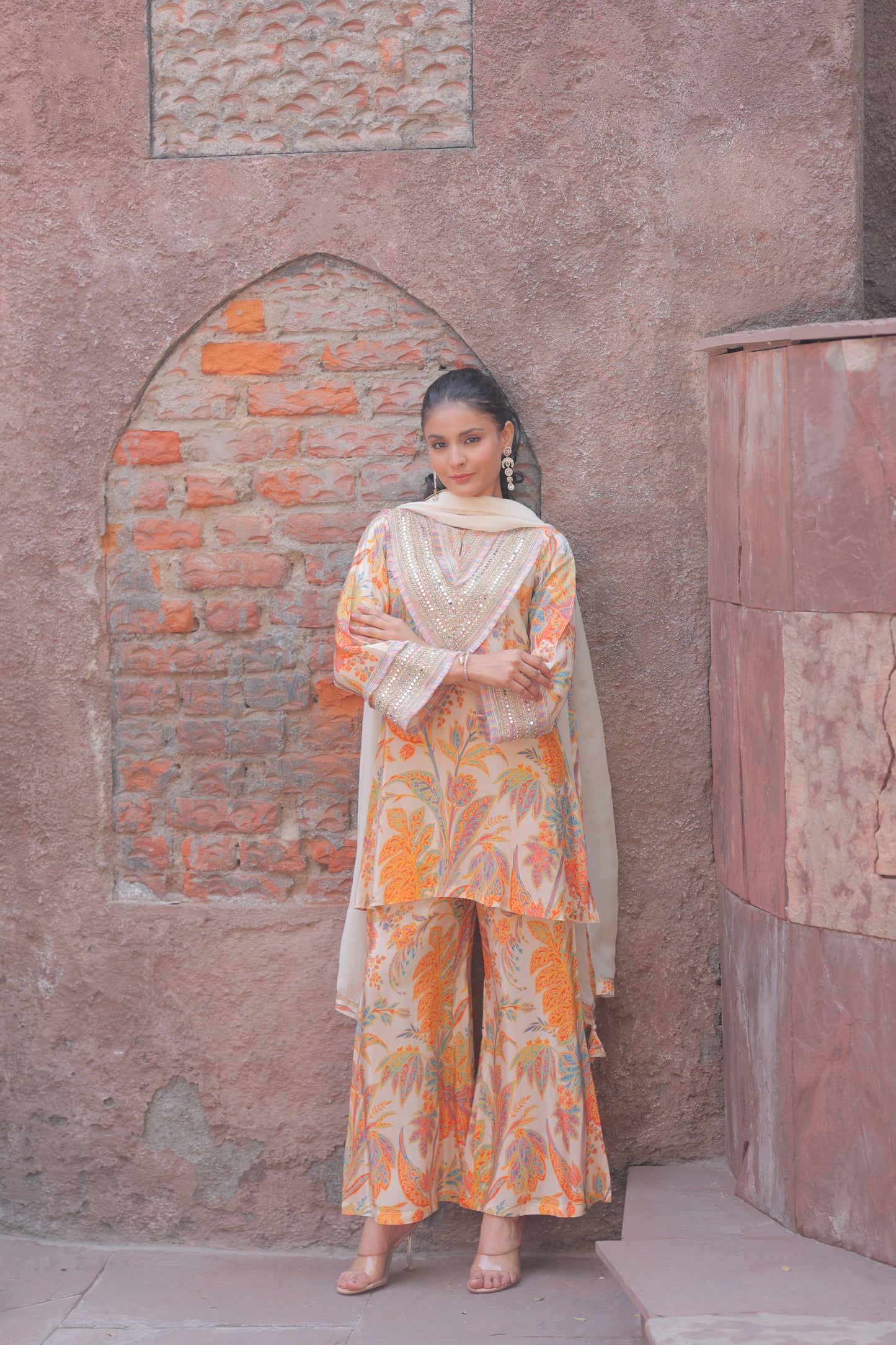Noor V-Neck Suit - Orange