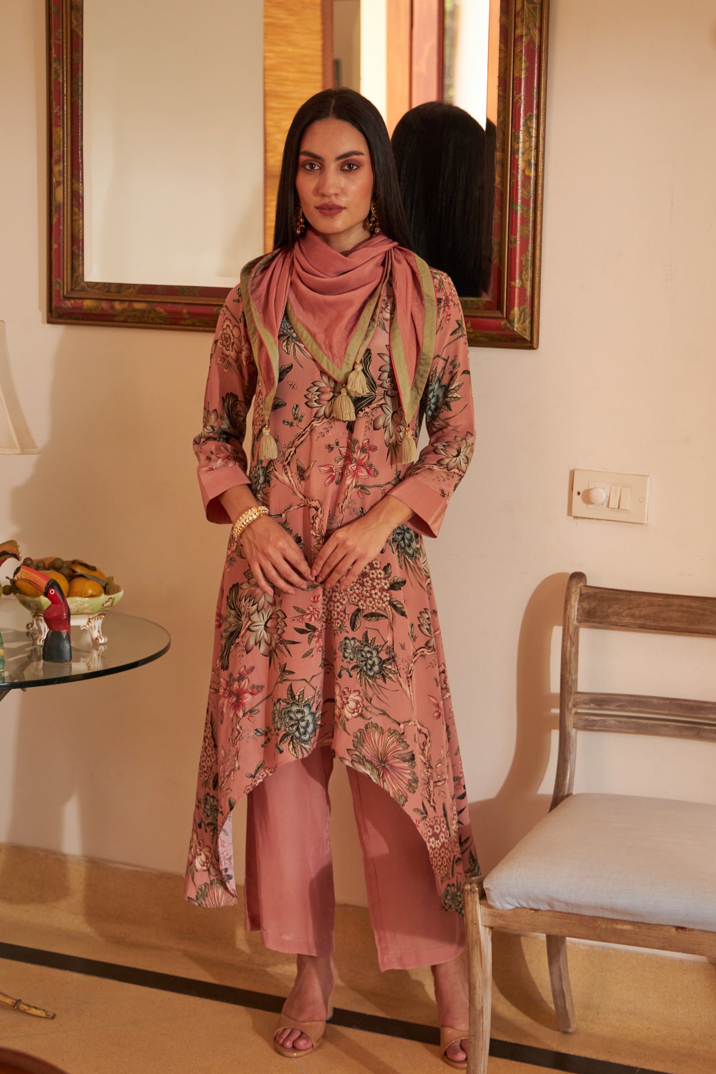 Floral Scarf Kurta - Pink