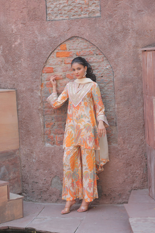 Noor V-Neck Suit - Orange