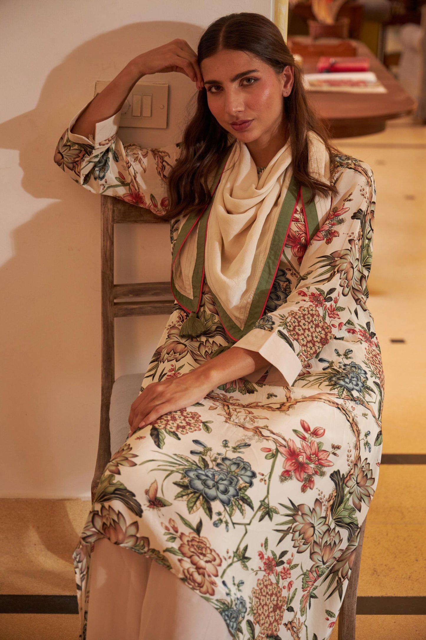 Floral Scarf Kurta - Beige