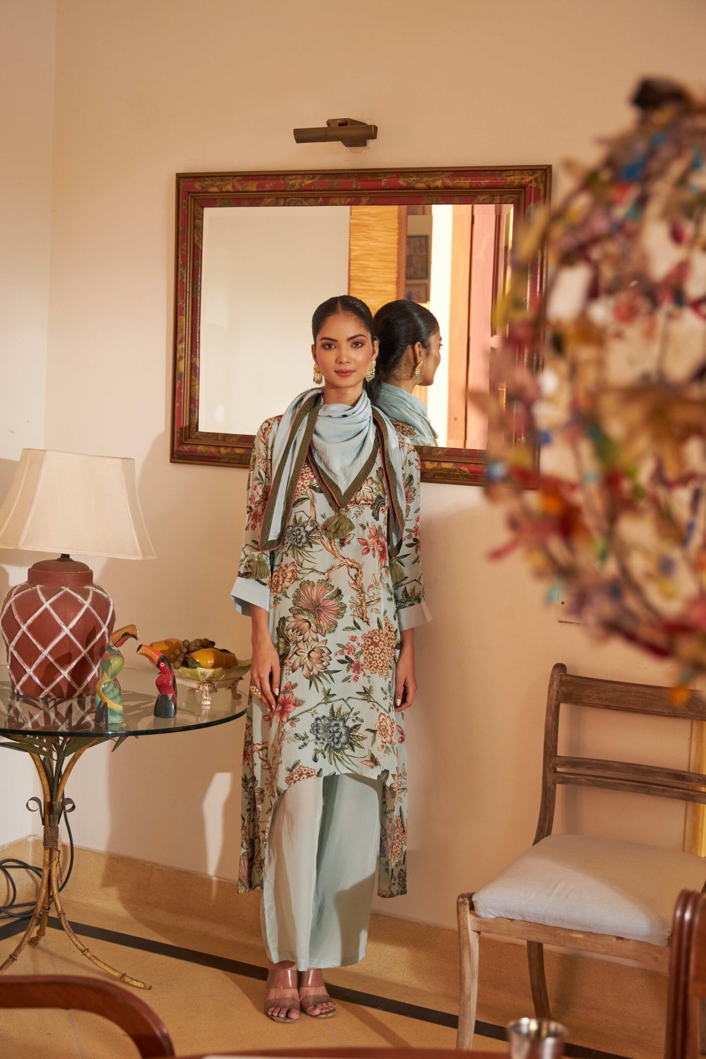 Floral Scarf Kurta -  Blue