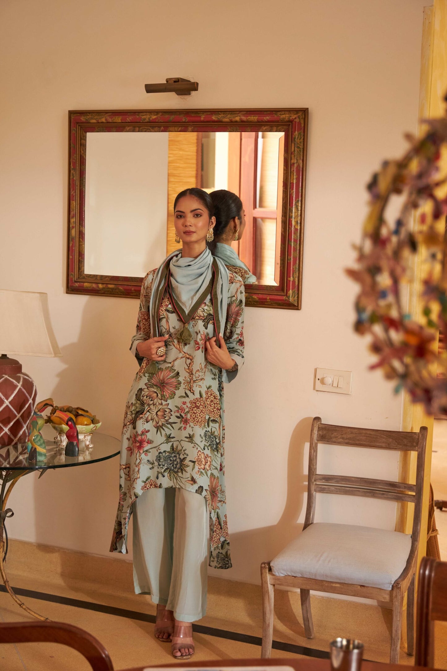 Floral Scarf Kurta -  Blue