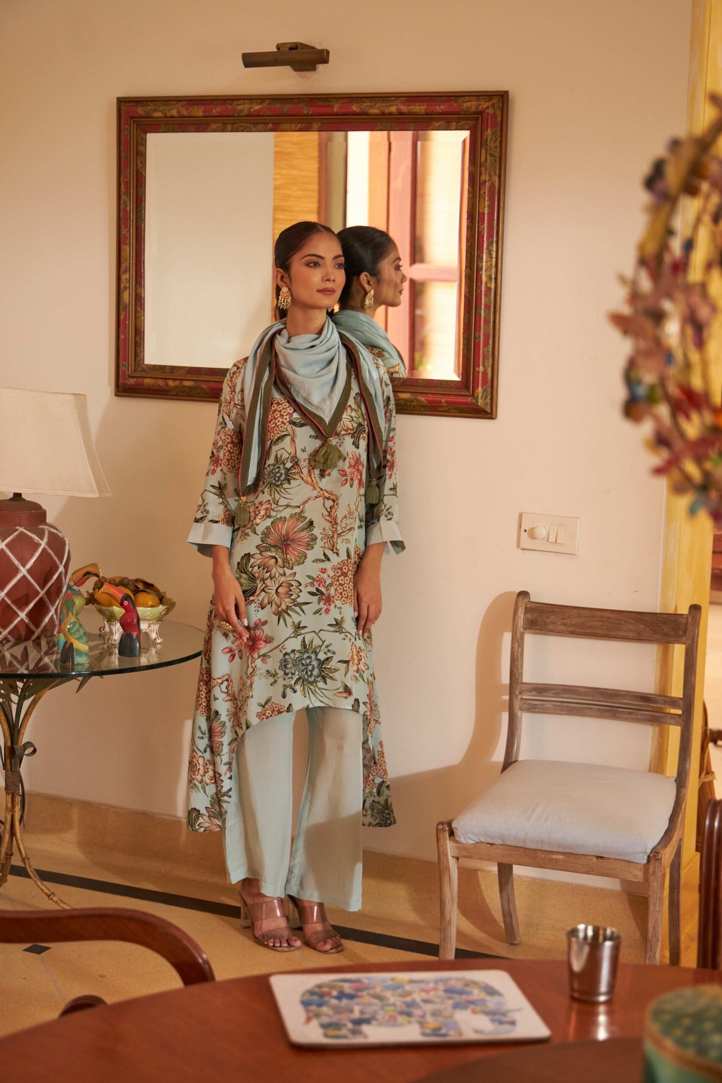 Floral Scarf Kurta -  Blue