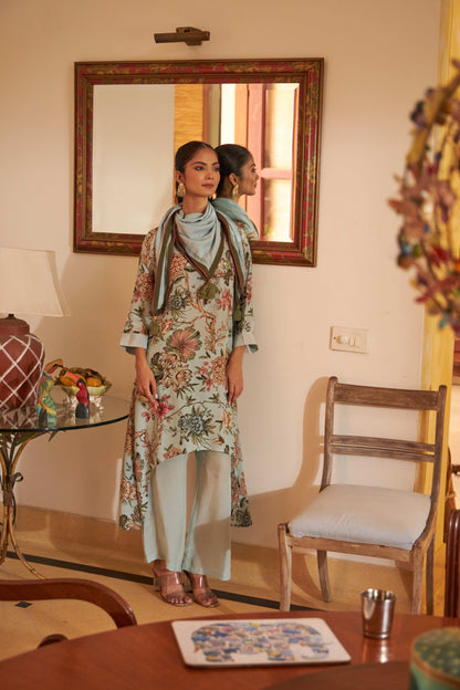 Floral Scarf Kurta -  Blue