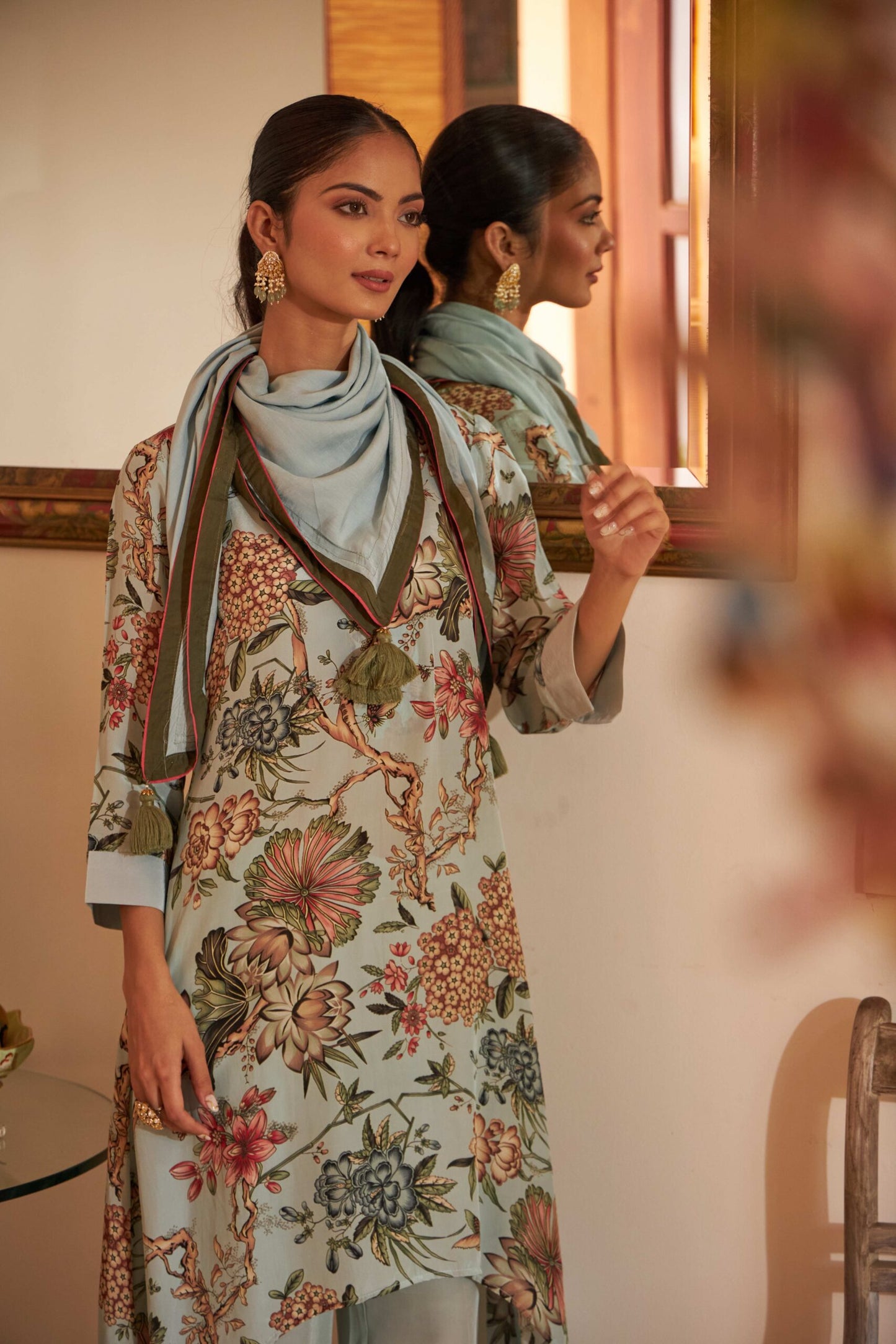 Floral Scarf Kurta -  Blue