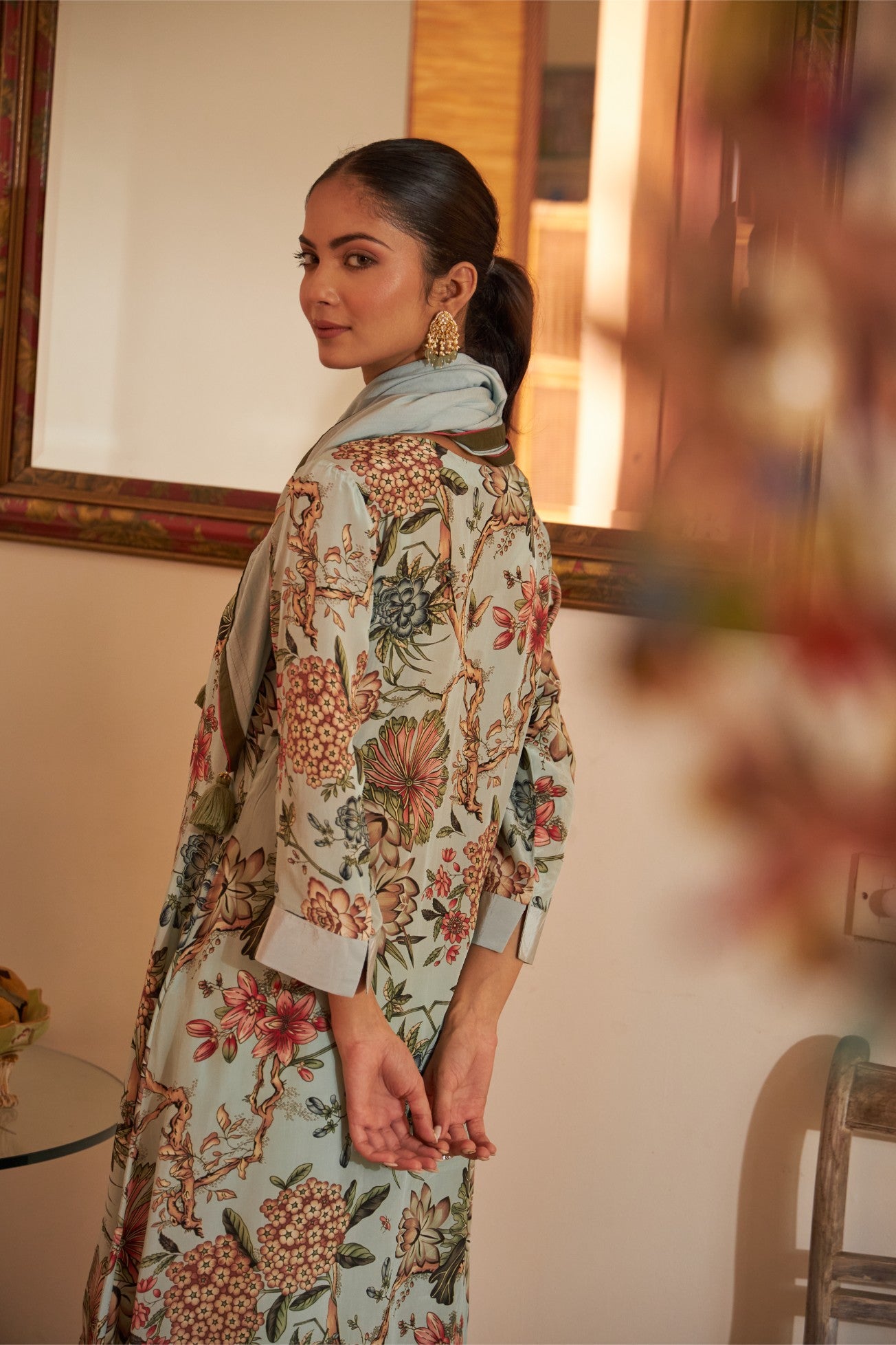 Floral Scarf Kurta -  Blue