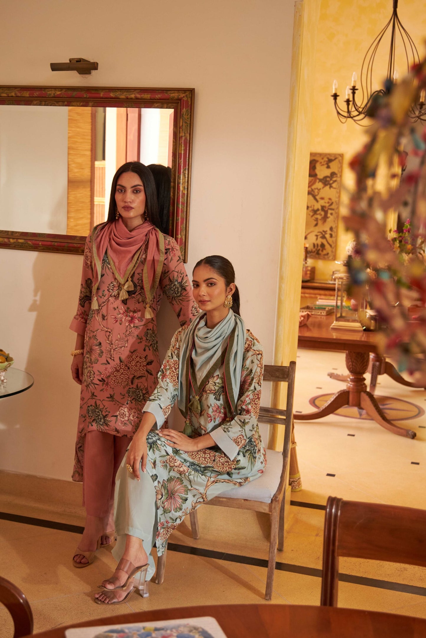 Floral Scarf Kurta -  Blue