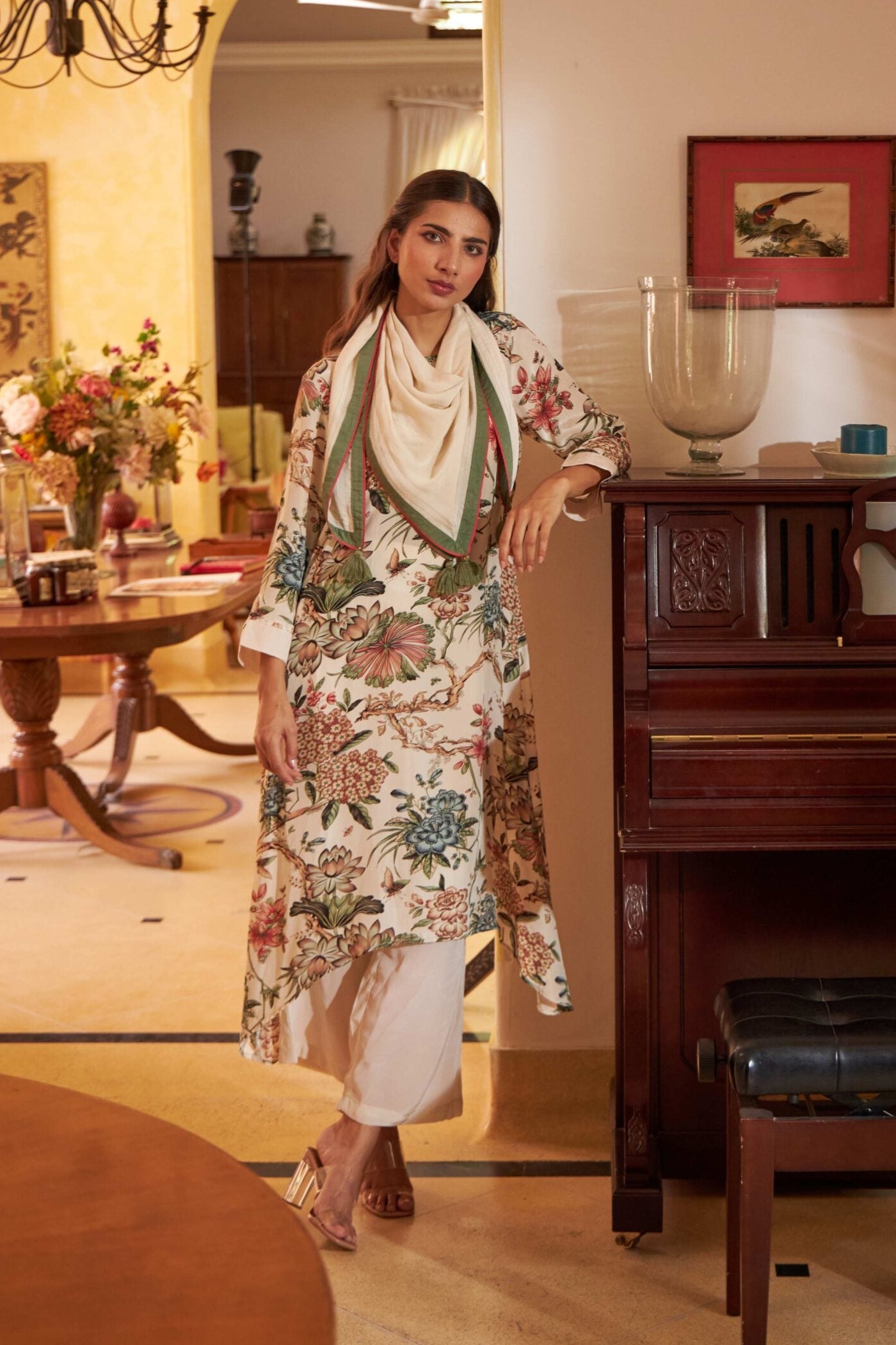 Floral Scarf Kurta - Beige