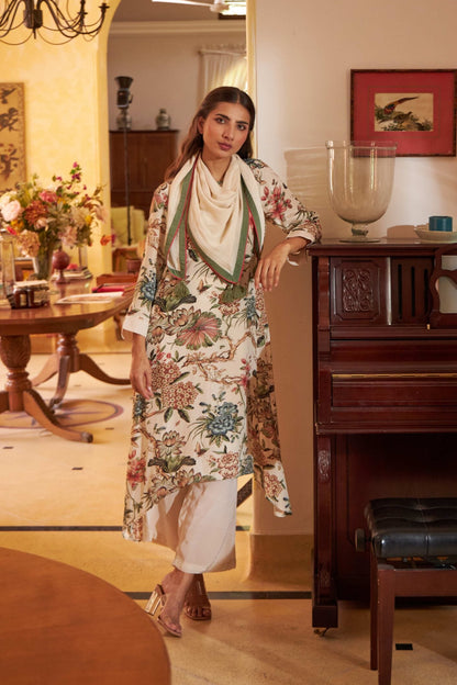 Floral Scarf Kurta - Beige