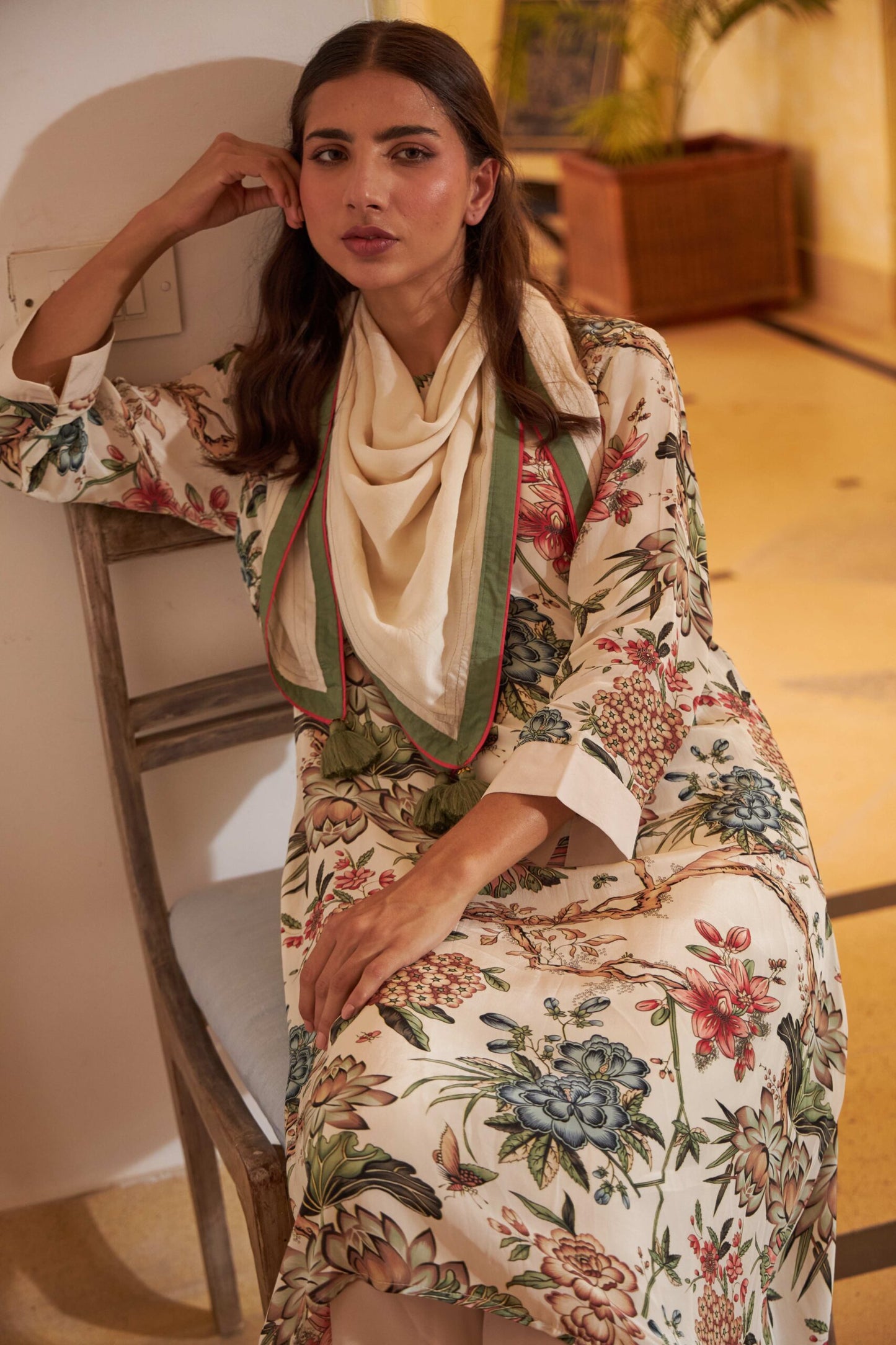 Floral Scarf Kurta - Beige